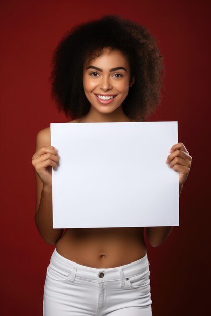 Mulher jovem e bonita de pele negra segurando uma placa de papel em branco com fotografia de moldura