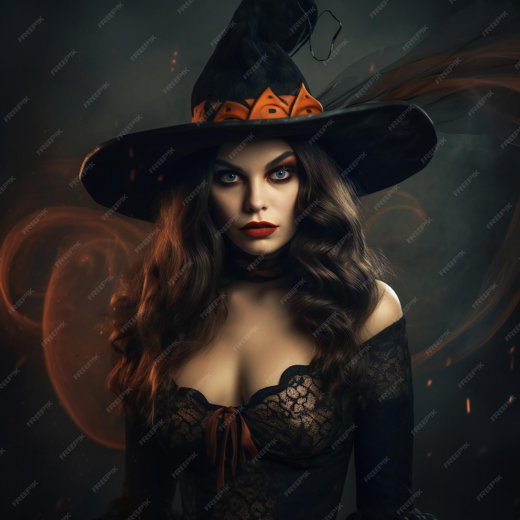Mulher jovem e bonita em fantasia de bruxa sobre fundo escuro