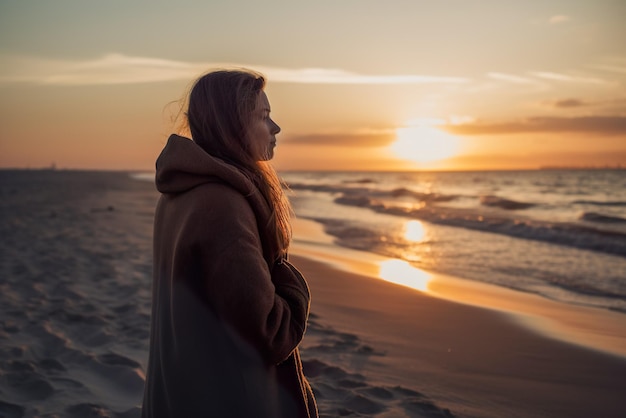 Mulher jovem e bonita em pé na praia e olhando para o pôr do sol Generative AI