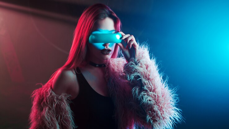 Foto mulher jovem e bonita em realidade virtual, o estilo cyberpunk, luz de neon, conceito de vr