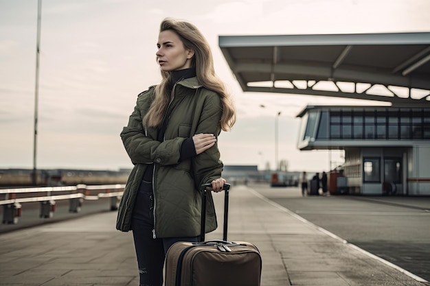 Mulher jovem e bonita em um casaco verde com uma mala no aeroporto Generative AI