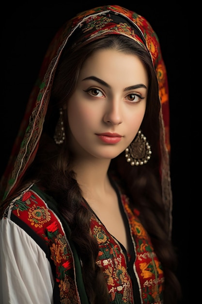 Mulher jovem e bonita em um traje tradicional russo em um fundo preto