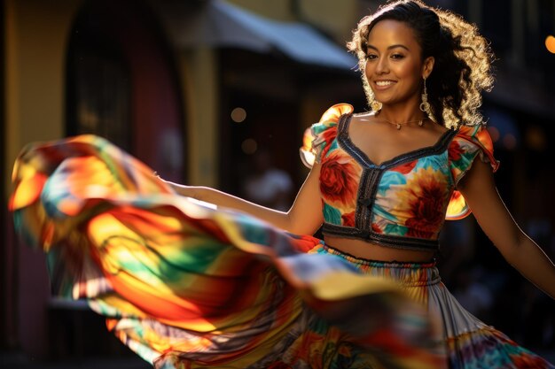 Mulher jovem e bonita em um vestido colorido dançando flamenco