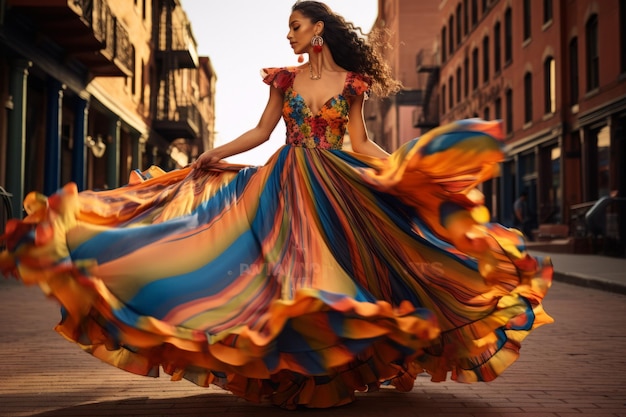 Mulher jovem e bonita em um vestido colorido dançando flamenco
