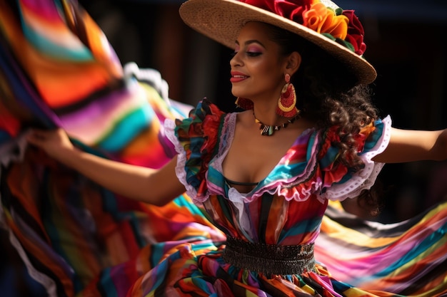 Mulher jovem e bonita em um vestido colorido dançando flamenco