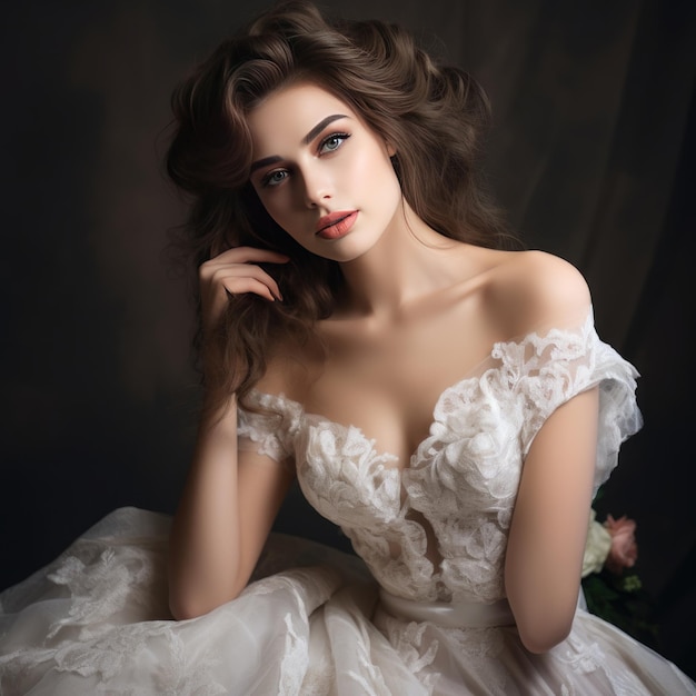 Mulher jovem e bonita em vestido de noiva em IA generativa de fundo escuro
