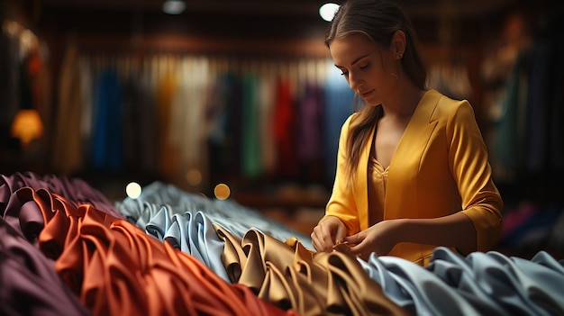 Mulher jovem e bonita escolhendo roupas na loja de roupas Shopping conceptgenerative ai