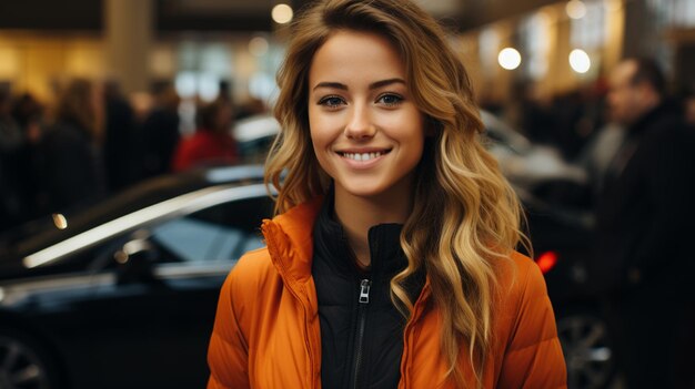 Mulher jovem e bonita feliz comprando um carro novo no showroom de carros