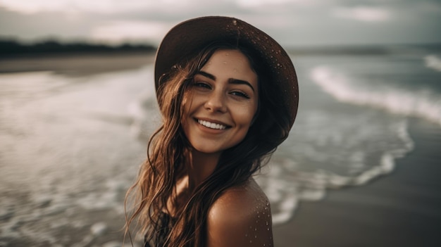 Mulher jovem e bonita feliz na praia