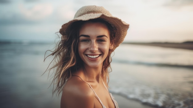 Mulher jovem e bonita feliz na praia