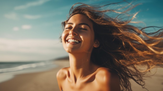 Mulher jovem e bonita feliz na praia