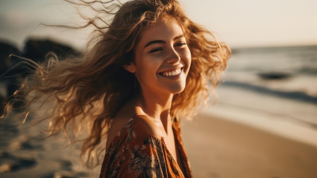 Mulher jovem e bonita feliz na praia