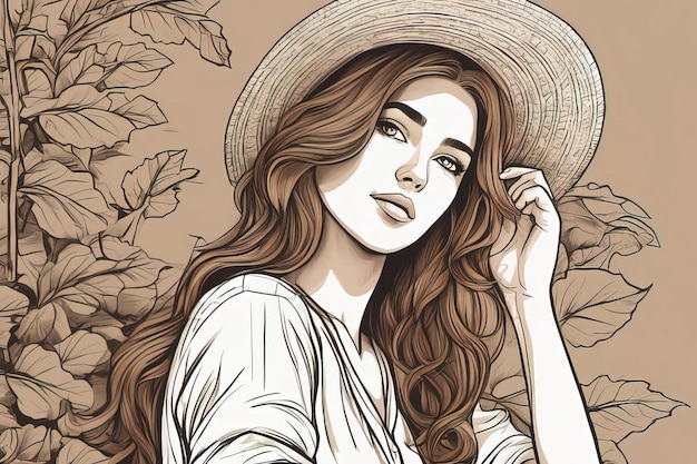 mulher jovem e bonita na ilustração de moda de chapéu e vestido