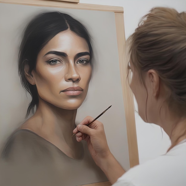 mulher jovem e bonita pintando em tela de pintura de artista de estúdio de arte mulher artista pintando imagem