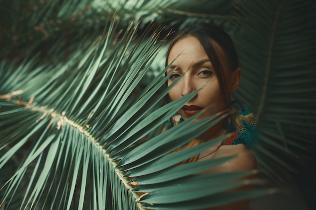 Foto mulher jovem e bonita posando em um fundo de folhas de palmeira exóticas