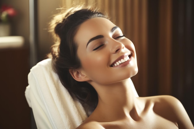 Mulher jovem e bonita relaxando em um salão de spa Tratamentos de cuidados com a pele
