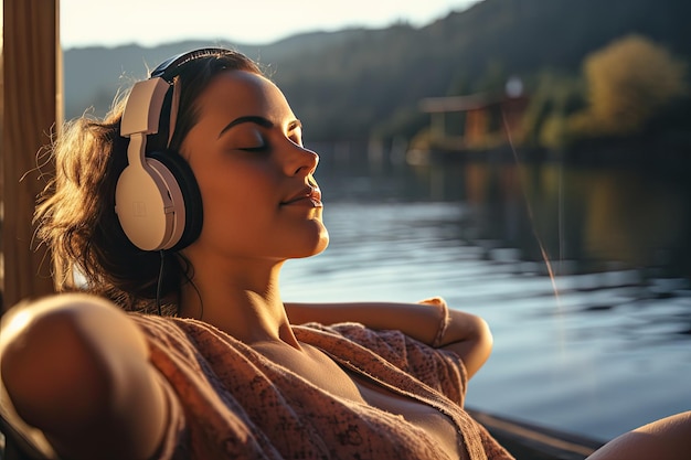 Foto mulher jovem e bonita relaxando ouvindo música com fones de ouvido