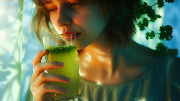 Mulher jovem e bonita saudável segurando e desfrutando de um suco verde nutritivo em um copo de vidro