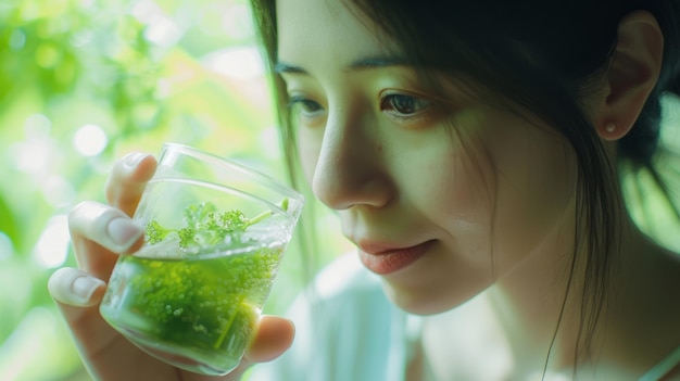 Mulher jovem e bonita saudável segurando e desfrutando de um suco verde nutritivo em um copo de vidro