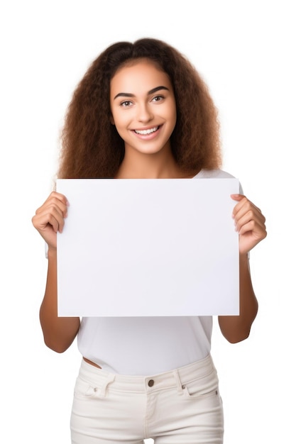 Foto mulher jovem e bonita segurando uma placa de papel em branco com fotografia de moldura em fundo verde escuro