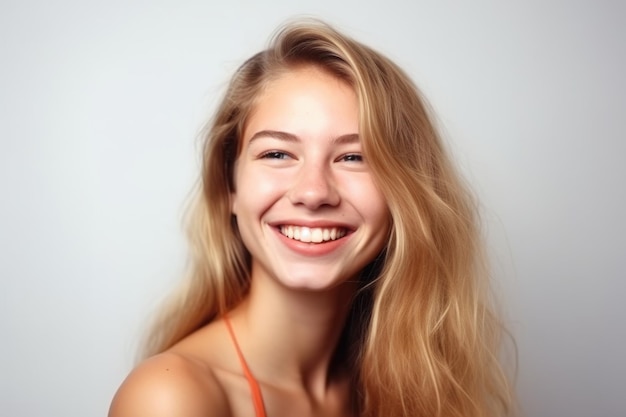 Mulher jovem e bonita sorrindo amplamente no estúdio contra um fundo branco