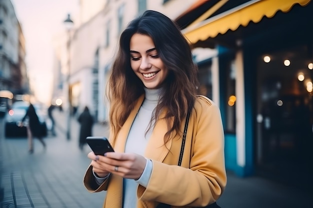 Mulher jovem e bonita usando smartphone em uma cidade Estudante sorridente enviando mensagens de texto no telefone móvel