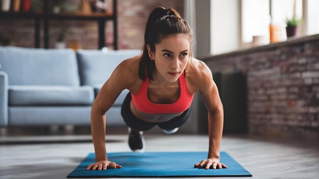 Foto mulher jovem e desportiva a exercitar-se em casa a fazer flexões