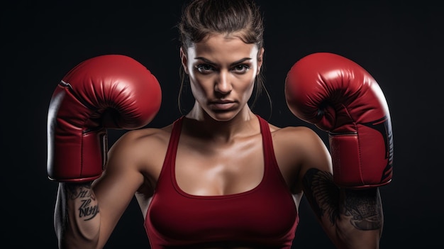 Mulher jovem e desportiva com luvas de boxe vermelhas sobre um fundo preto IA generativa