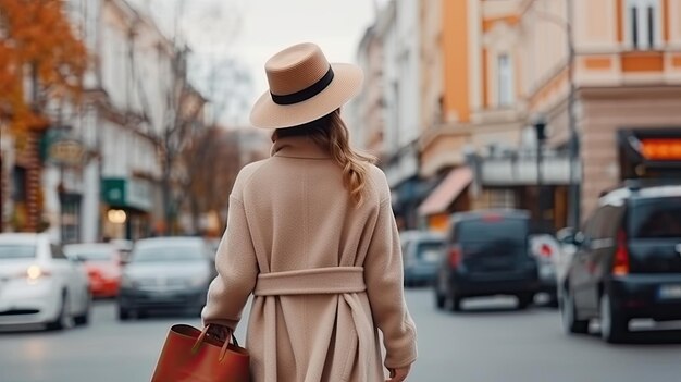 Mulher jovem e elegante caminhando na rua da cidade com vista para trás do tempo ventoso