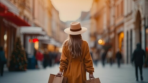 Mulher jovem e elegante caminhando na rua da cidade com vista para trás do tempo ventoso