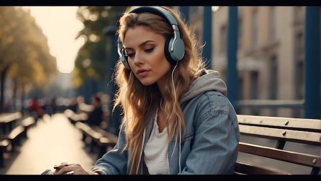 Mulher jovem e elegante ouvindo música com fones de ouvido sem fio em um smartphone