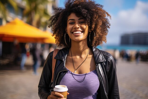 Mulher jovem e feliz turista afro