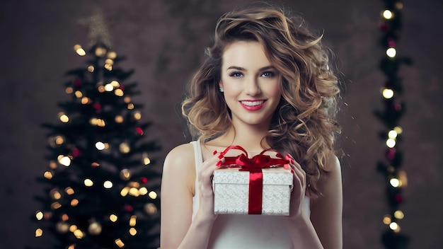 Mulher jovem e glamorosa com um presente de Natal