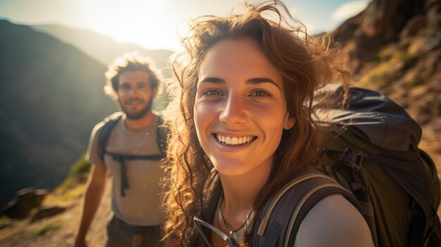 Mulher jovem e homem caminhando felizmente desfrutando da natureza