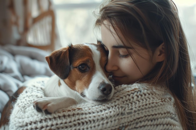 Mulher jovem e Jack Russell Terrier em casa