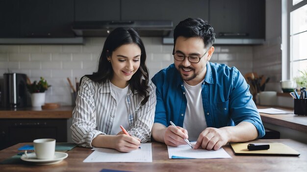 Mulher jovem e seu marido desempregado com muitas dívidas fazendo papelada juntos na cozinha