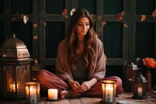 Mulher jovem e tranquila meditando relaxando sentada em um tapete natural em um interior aconchegante no fim de semana
