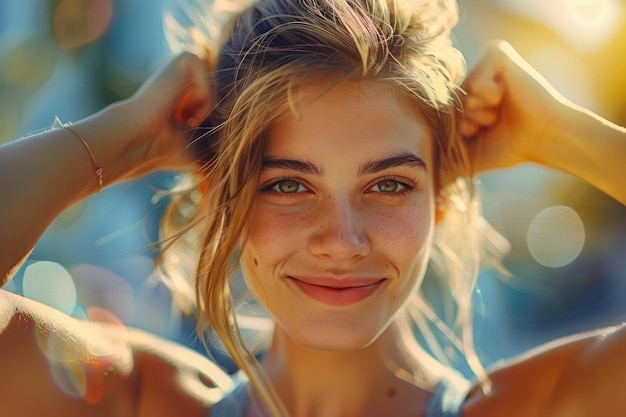 Mulher jovem e vivace, desfrutando da luz do sol ao ar livre, com olhos brilhantes e um sorriso alegre