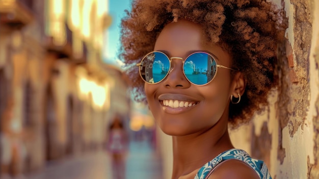 Mulher jovem elegante e feliz usando óculos de sol retrato urbano em close-up