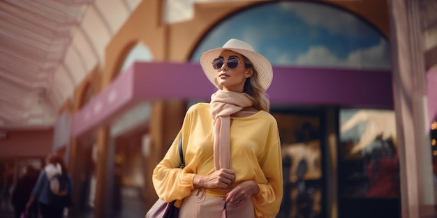 Mulher jovem elegante em roupa amarela clara com saco de compras ao ar livre conceito de compras de primavera