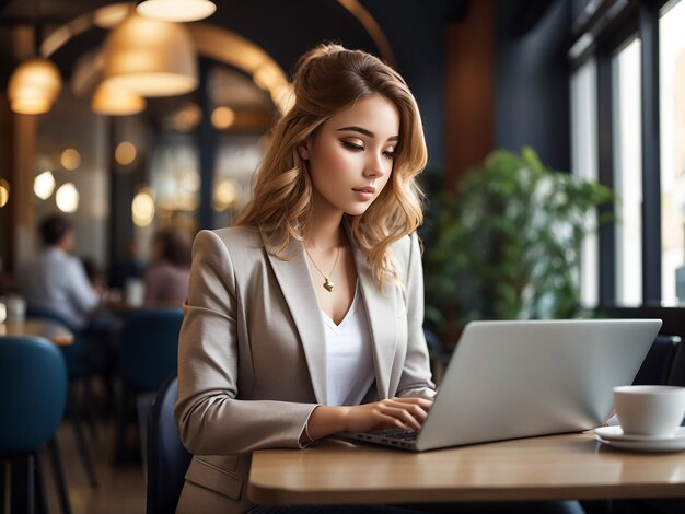 Mulher jovem elegante usando laptop