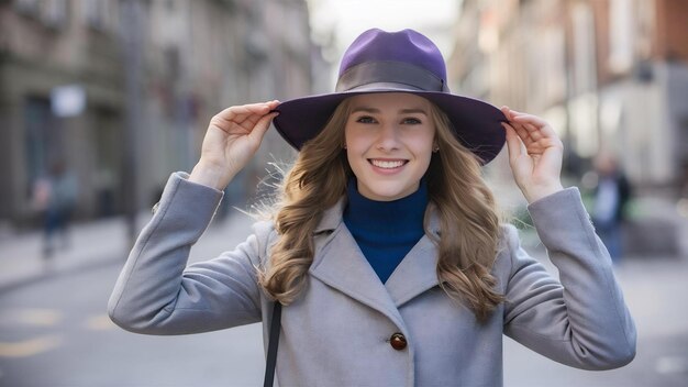 Foto mulher jovem elegante vestida com um casaco quente segurando a borda de seu chapéu de feltro à moda por causa do vento