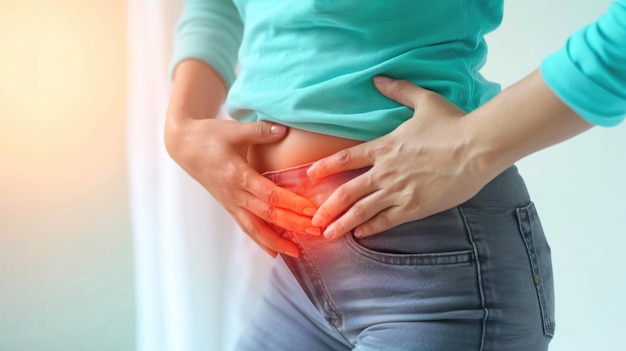 Foto mulher jovem em dor menstrual retrato do desconforto e agonia experimentada durante a menstruação empatizando com as lutas dos períodos menstruais de cólicas e angústia