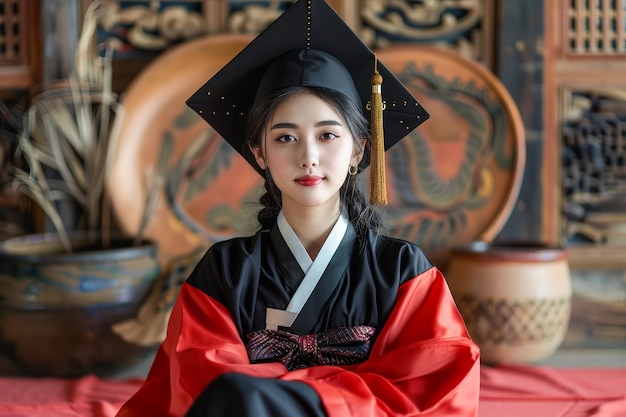 Mulher jovem em Hanbok tradicional coreano com boné de formatura sentada em uma sala histórica com cultura
