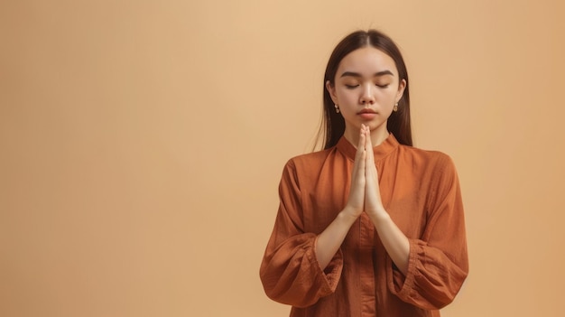 Mulher jovem em postura de meditação serena expressando tranquilidade