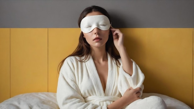 Mulher jovem em roupa de noite e usando máscara de olho preparando-se para dormir na parede amarela