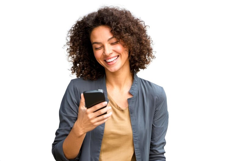 Foto mulher jovem em roupas casuais rindo enquanto olha para o smartphone expressando alegria e diversão isolada em fundo branco