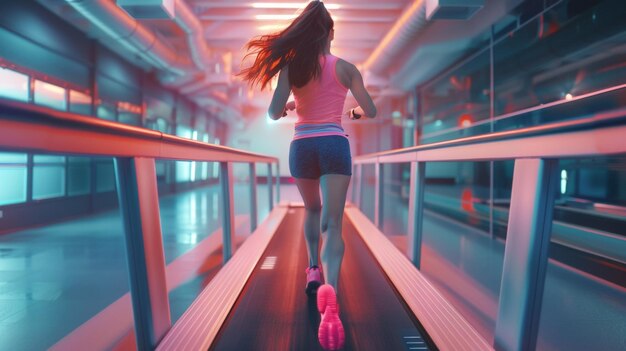 Foto mulher jovem em roupas esportivas correndo em uma esteira com outros durante um treino no ginásio