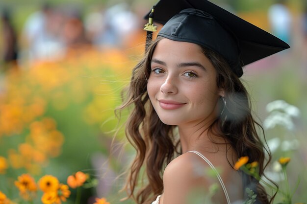 Mulher jovem em traje de formatura de pé em um campo de flores