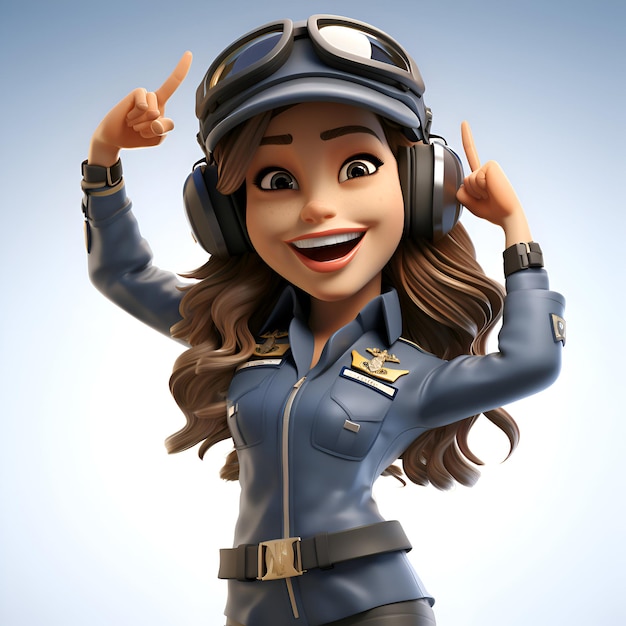 Mulher jovem em traje de piloto Personagem de desenho animado renderização 3D